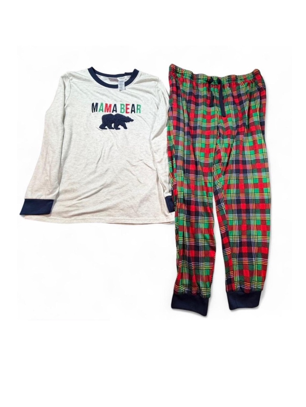 Dearfoams Mama Bear 🐻 Pajama Set - Gray and red & green Plaid set size large